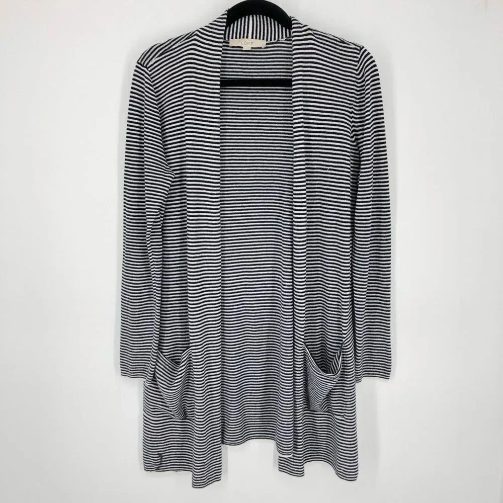 Loft Cardigan‎ Womens Medium Navy Striped Longline Open Front Pockets